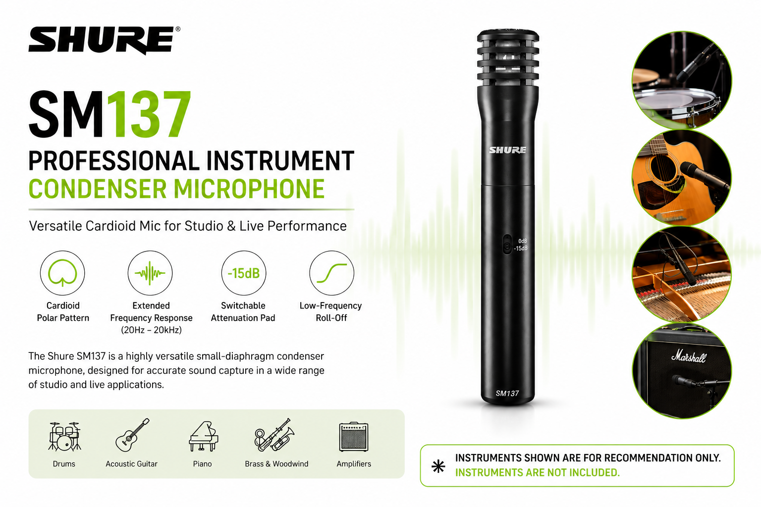 Shure SM137 Mikrofon Kondensor Instrumen Profesional – Mikrofon Kardioid Serbaguna untuk Studio & Persembahan Langsung