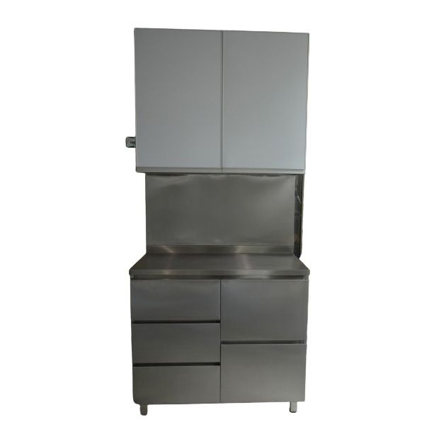 Stainless Steel Wall Cabinet with Swing Door and 2 Shelf + Counter with 3 Small 2 Big Drawer