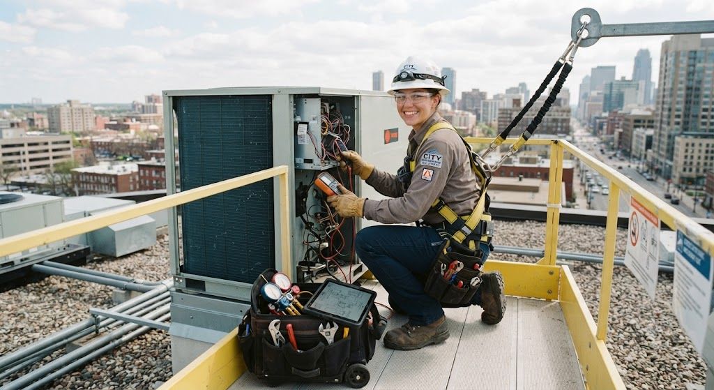 HVAC technician PPE for elevated servicing work