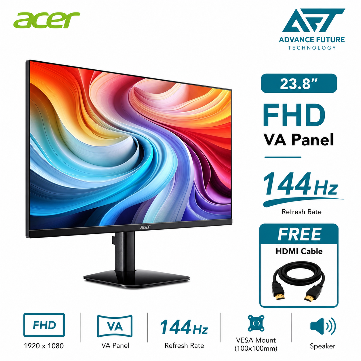 Acer KA242YP0 23.8'' FHD VA 144Hz Flat Monitor ( Speaker, HDMI, VGA, 3 Years Warranty )