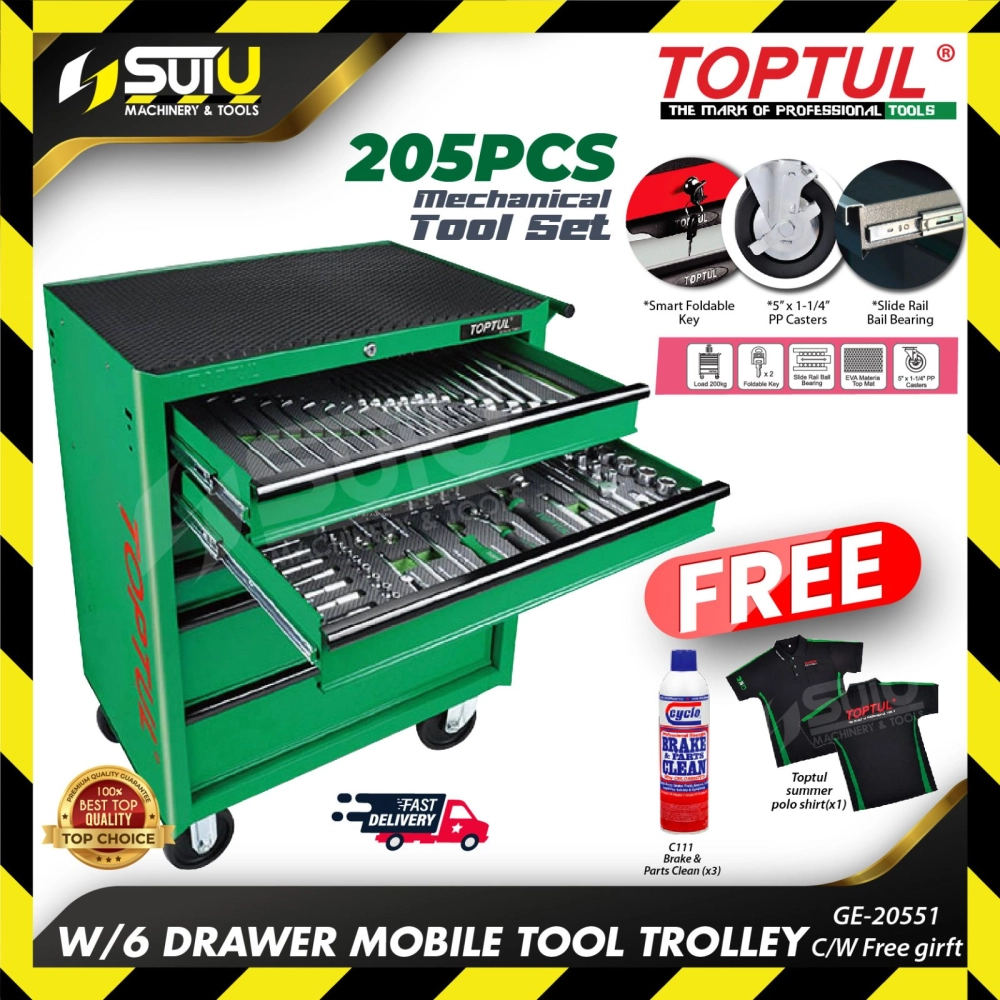 TOPTUL GE-20551 W/6 Drawer Mobile Tool Trolley 205pcs Mechanical Tool Set 205pcs