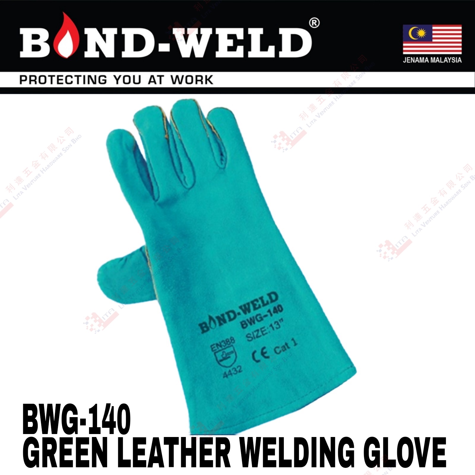 BOND WELD BRAND GREEN LEATHER WELDING GLOVE - BWG140