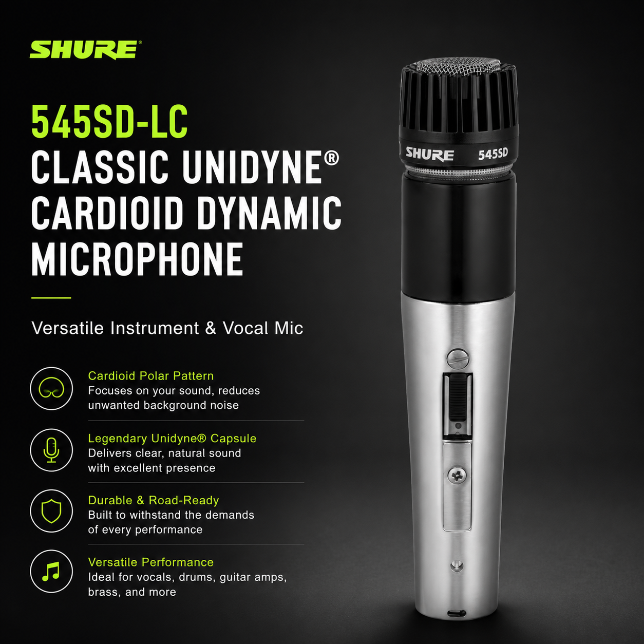 Shure 545SD-LC Classic Unidyne® Cardioid Dynamic Microphone – Versatile Instrument & Vocal Mic
