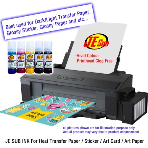 Epson L1300 Printer with Je Sub Ink - Sticker & Tshirt A4 Printer - Anti UV , Waterproof Ink - For Heat Transfer Paper / Inkjet Sticker / Coated Card / PVC ID Card