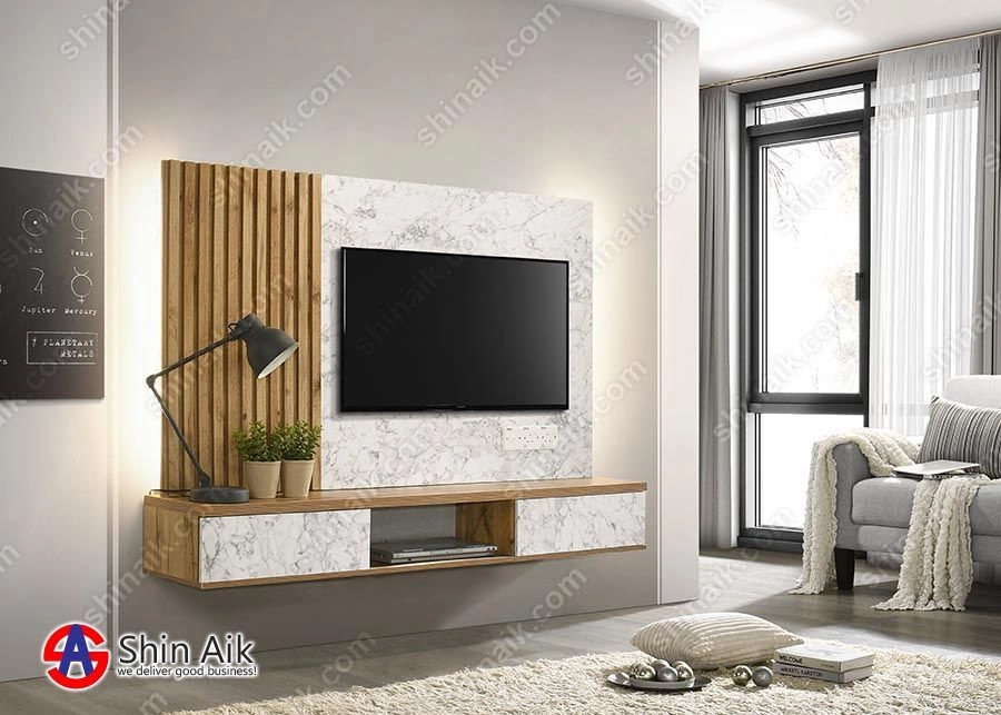 TV1683 (6ft) White Marble & Cedar Two-Tone Modern Feature Wall-Mounted TV Cabinet With Display Cabinet