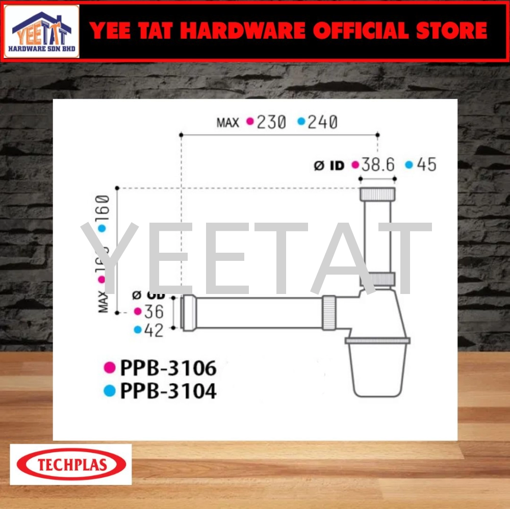 [ TECHPLAS ] PPB-3104/3106 BATHROOM/KITCHEN BASIN/SINK BOTTLE TRAP [1-1/4" (32MM) / 1-1/2" (40MM)]