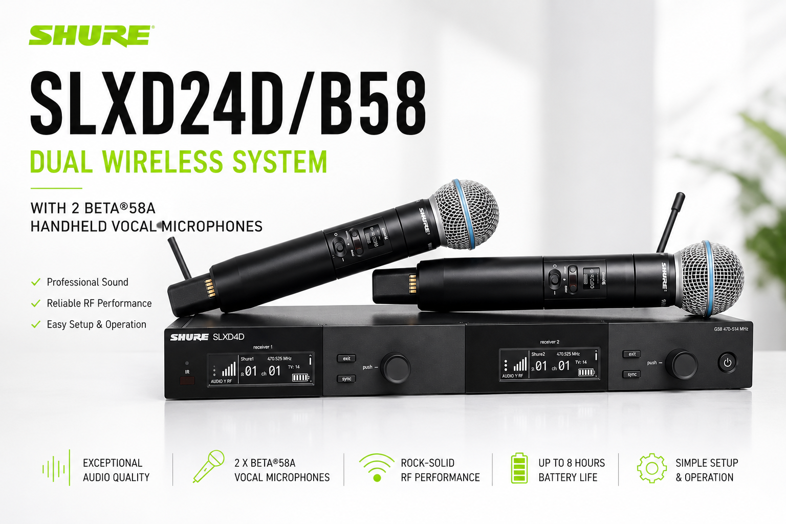 Shure SLXD24D/B58 – Sistem Tanpa Wayar Dual dengan 2 Mikrofon Vokal Genggam Beta®58A