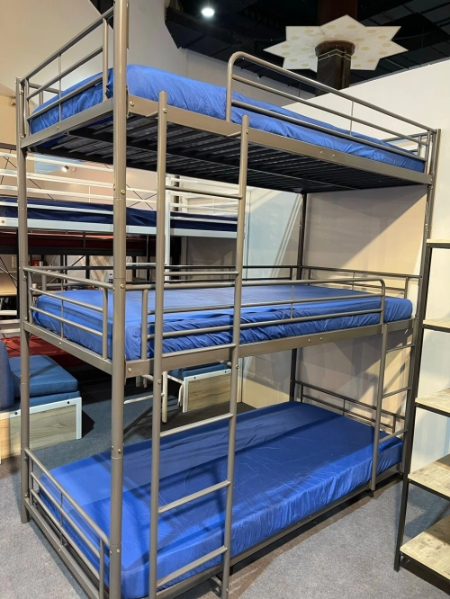 New Model Triple Decker Bed Frame | Katil Besi Asrama 3 Tingkat | Pembekal Perabot Asrama Penang Kedah Perak KL | Dormitory Furniture Supplier Singapore Brunei