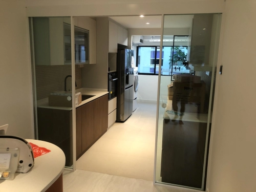 Essential Glass Partition Door with White Frame for the Perfect Open Kitchen