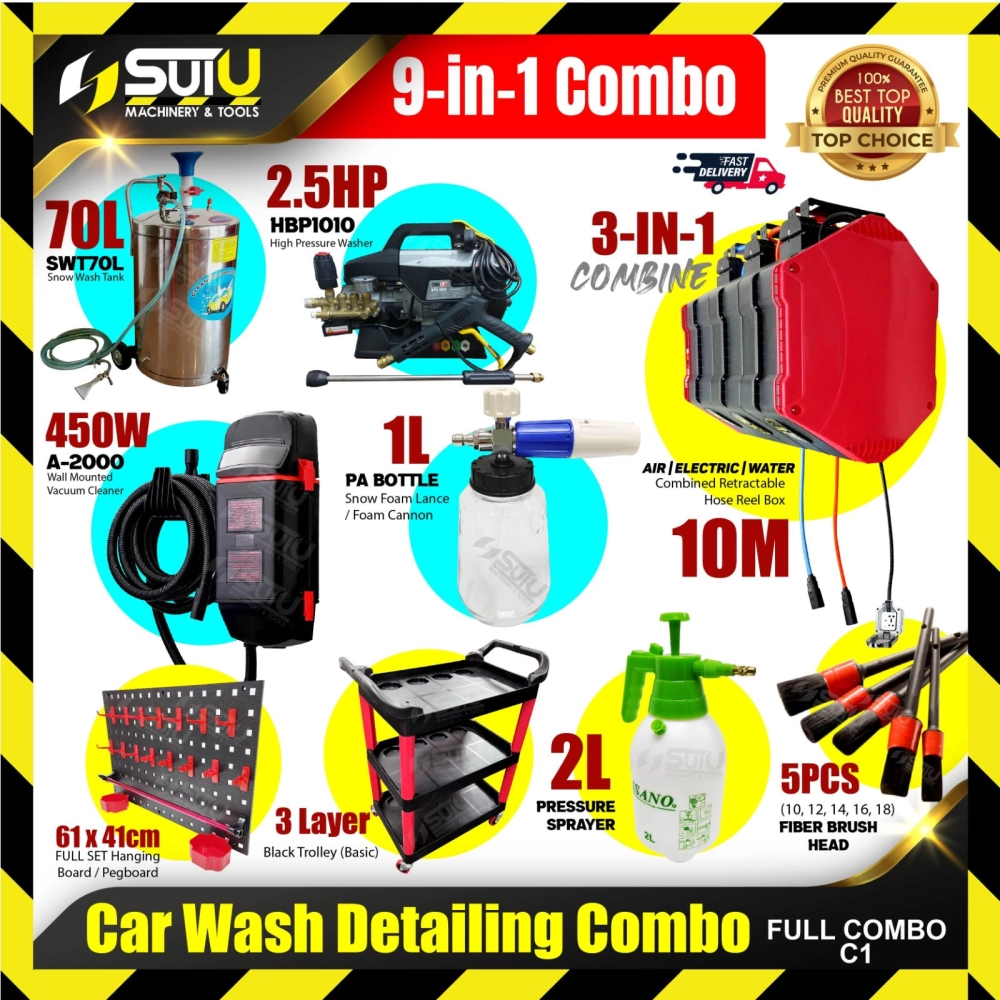 [ FULL COMBO C1 ] 9IN1 Car Wash Detailing Combo (SWT70L + HBP1010 + A2000 + Foam Cannon + Board + Brush + Cart + Sprayer)