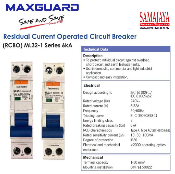 Maxguard 32A 1 Pole + N 0.03A/ 30mA RCBO