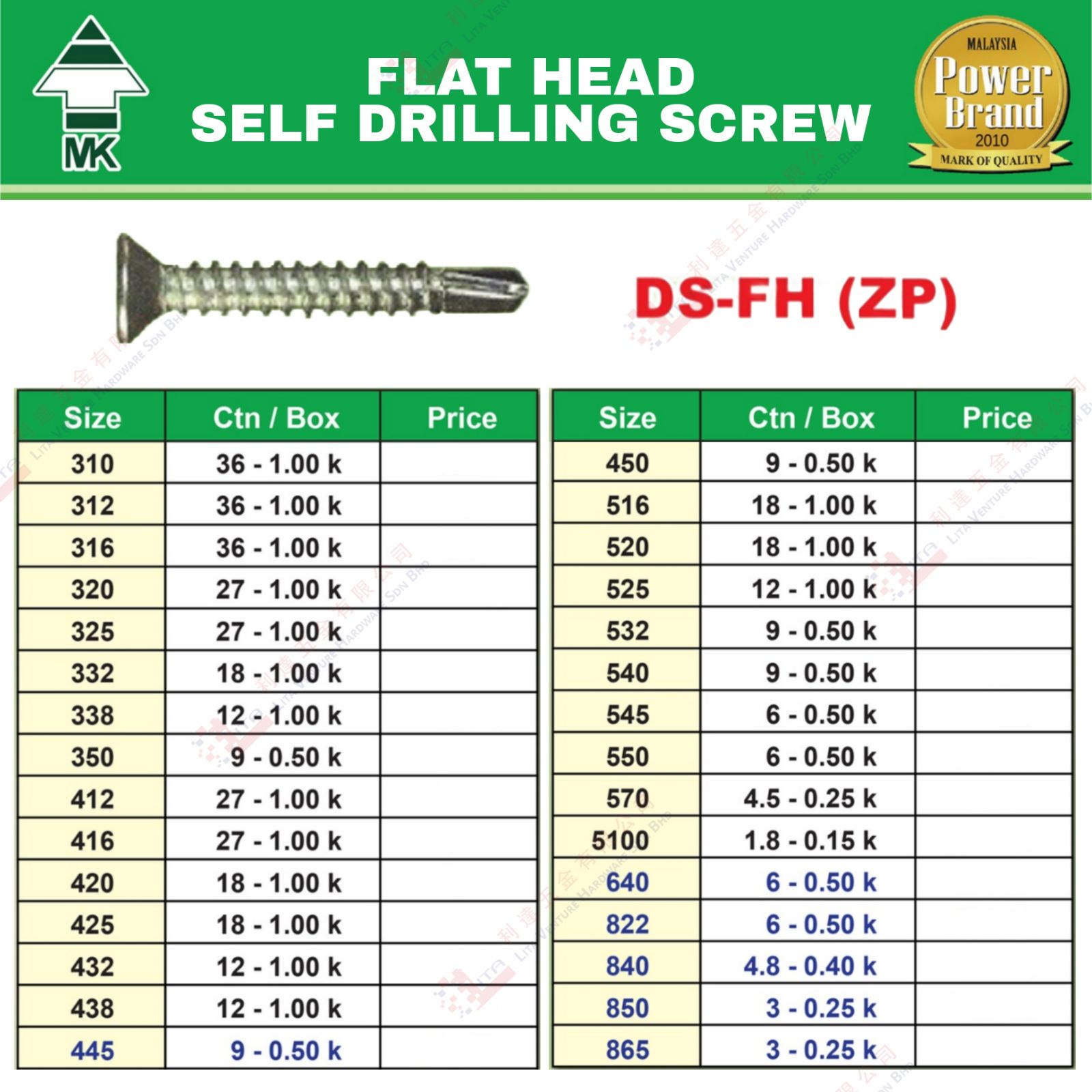 MK BRAND FLAT HEAD SELF DRILLING SCREW - DSFHZP