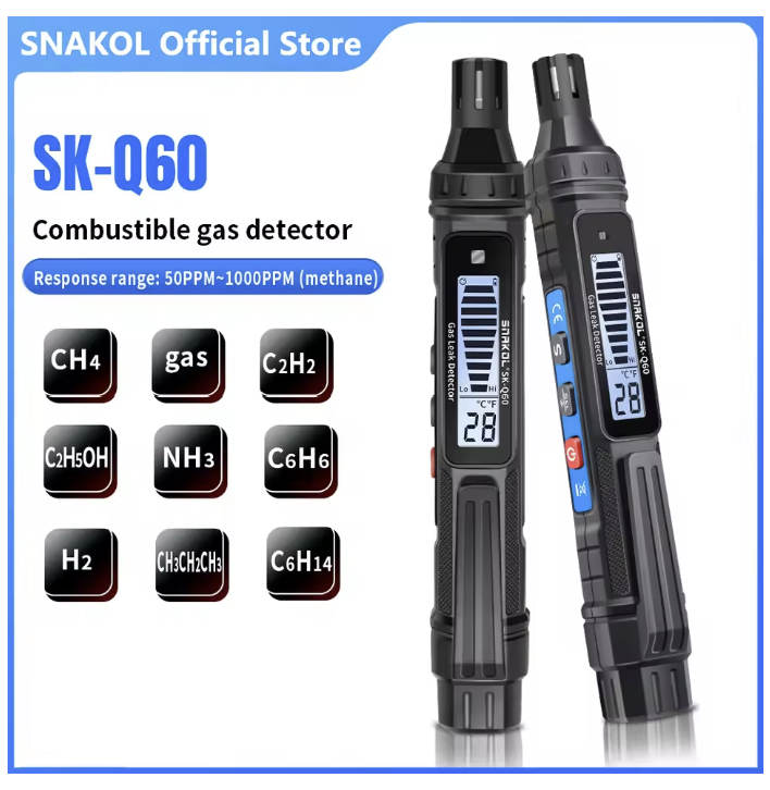 SNAKOL Gas Leak Detector Natural Flammable Surge Co2 Alcohol LPG Methane Analyzer Rechargeable Alarm PPM LEL Tester