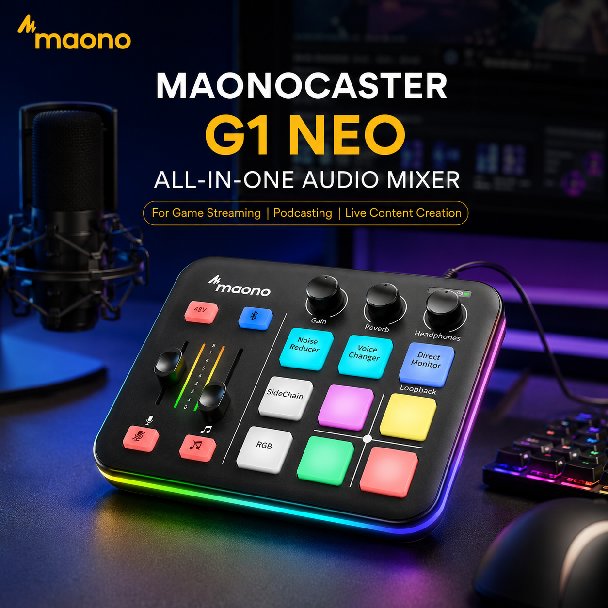 Maono Maonocaster G1 NEO – Pencampur Audio Serba Lengkap untuk Penstriman Permainan, Podcast & Kandungan Langsung