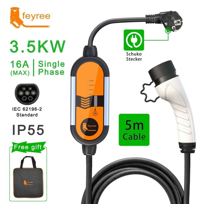 Feyree Portable EV Charger 3.8kW (UK 3-pin Plug, Plug and Charge) Type 2 Portable AC Charger compatible with all EVs