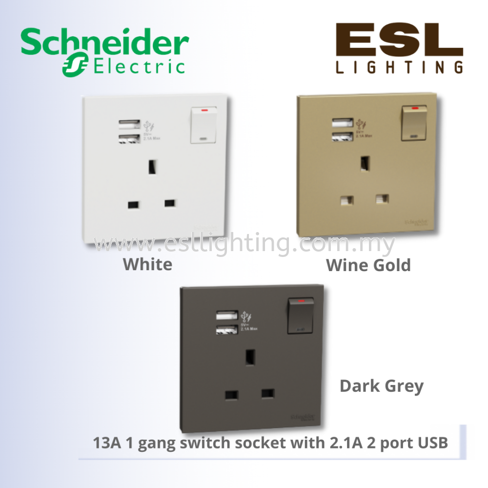 SCHNEIDER AvatarOn C 13A 1 Gang switch socket with 2.1A 2 port USB - E8715USB_WE_G11 E8715USB_WG_G11 E8715USB_DG_G11