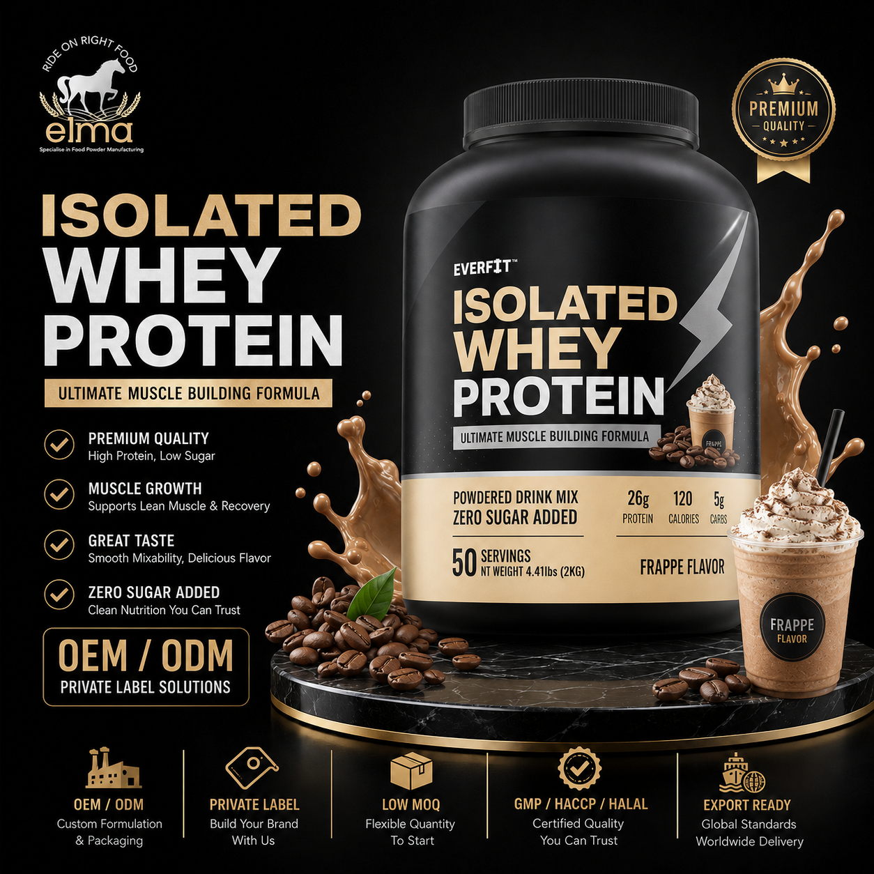 Premium Whey Protein Isolate 2KG Vanilla Dark Chocolate Strawberry Frappe Cookie Cream Flavor
