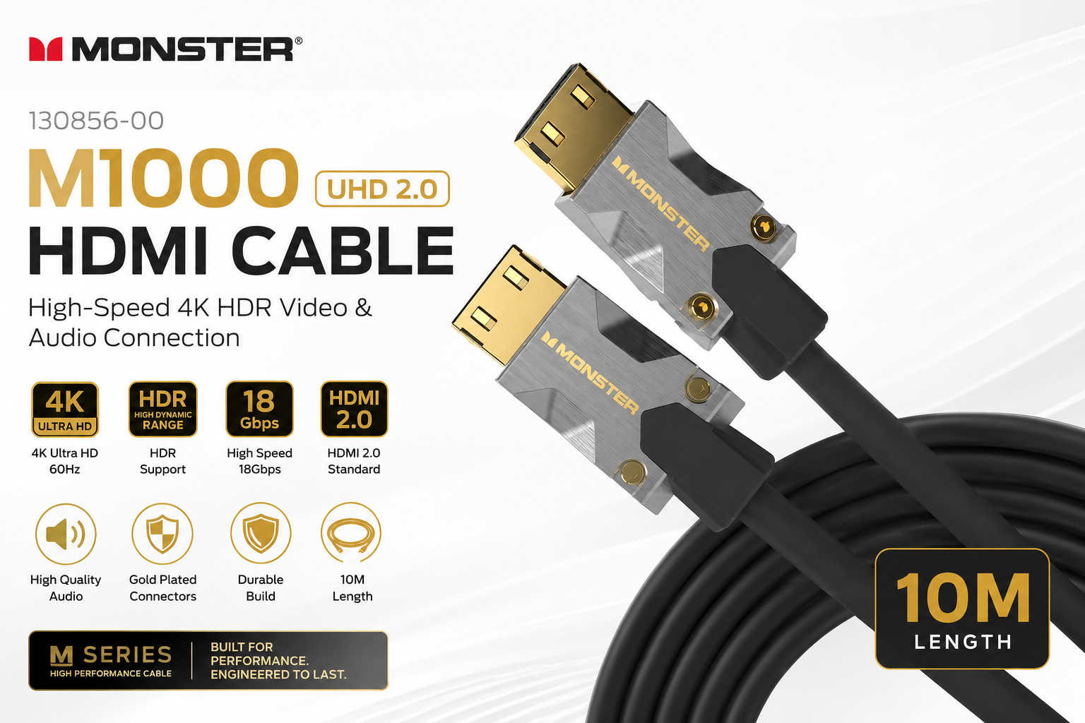 Monster 130856-00 M1000 UHD 2.0 Kabel HDMI – Sambungan Audio & Video 4K HDR Berkelajuan Tinggi (10M)