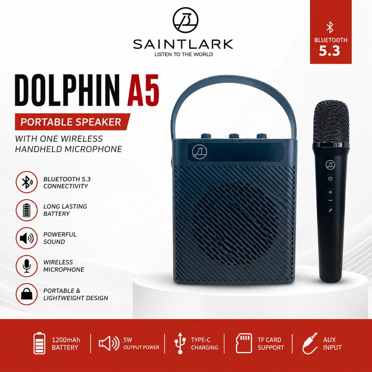 SAINTLARK Dolphin A5 Portable PA Speaker with Wireless Handheld Microphone – Rechargeable Sound System for Teaching, Events & Public Speaking
