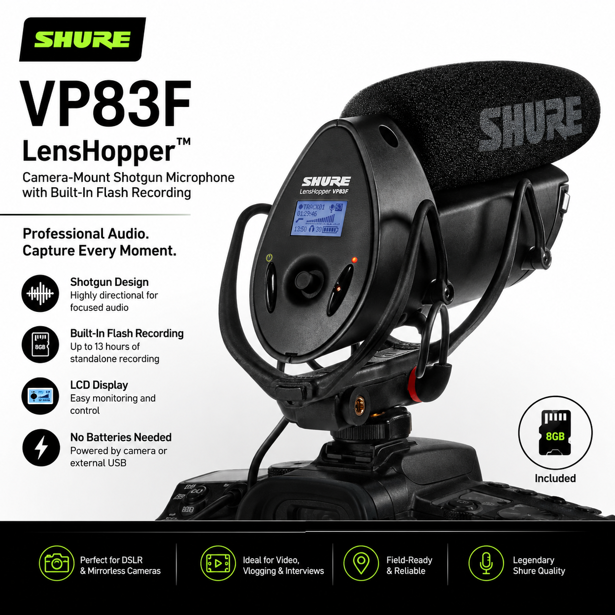 Shure VP83F LensHopper 摄像机枪式麦克风（内置录音功能）