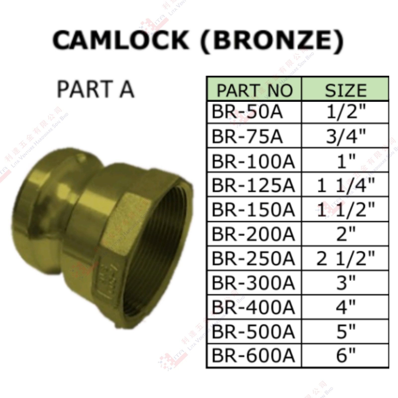 CAMLOCK (BRONZE) - BR50A BR75A BR100A BR125A BR1250A BR200A BR250A BR300A BR400A BR500A BR600A