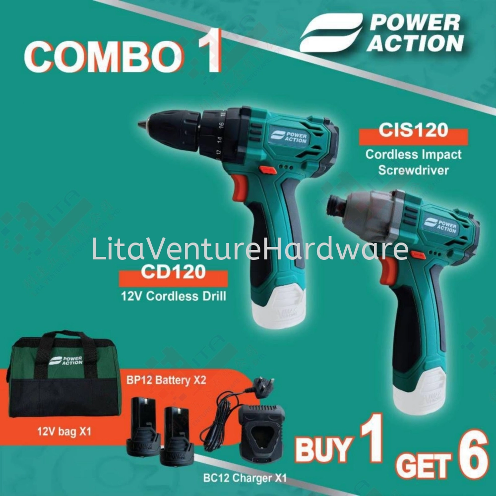 POWER ACTION CIS120 CORDLESS IMPACT SCREWDRIVER + CD120 12V CORDLESS DRILL - COMBO 1