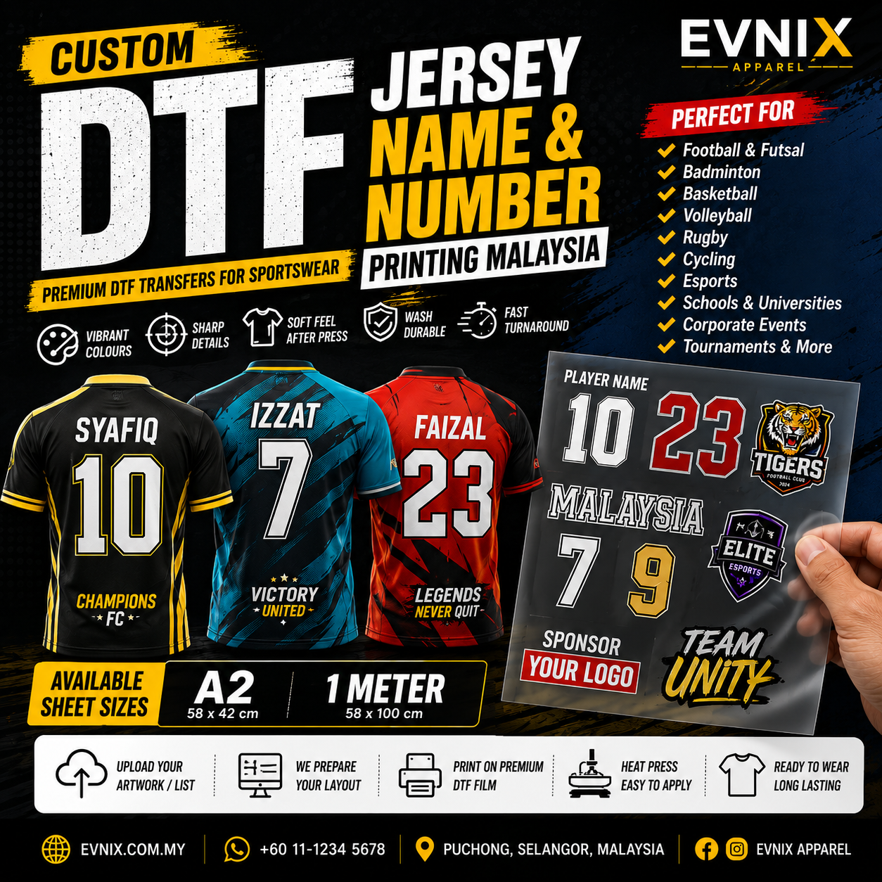 DTF Jersey Name & Number Printing Malaysia | Custom Sports Jersey Transfers