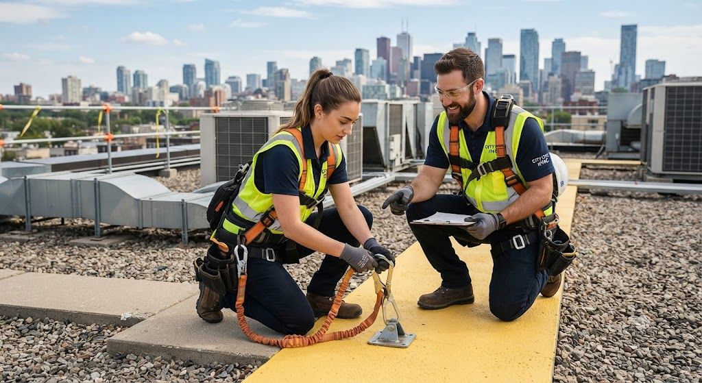 HVAC technician safety harness fall prevention