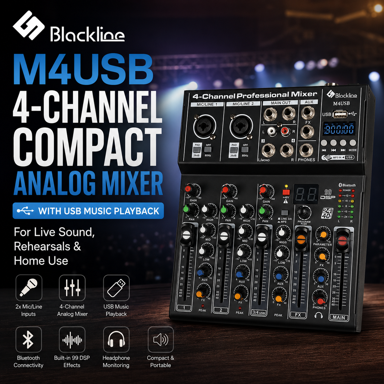 Blackline M4USB 四路模拟调音台 – 支持USB音乐播放，适用于现场音响与家庭使用