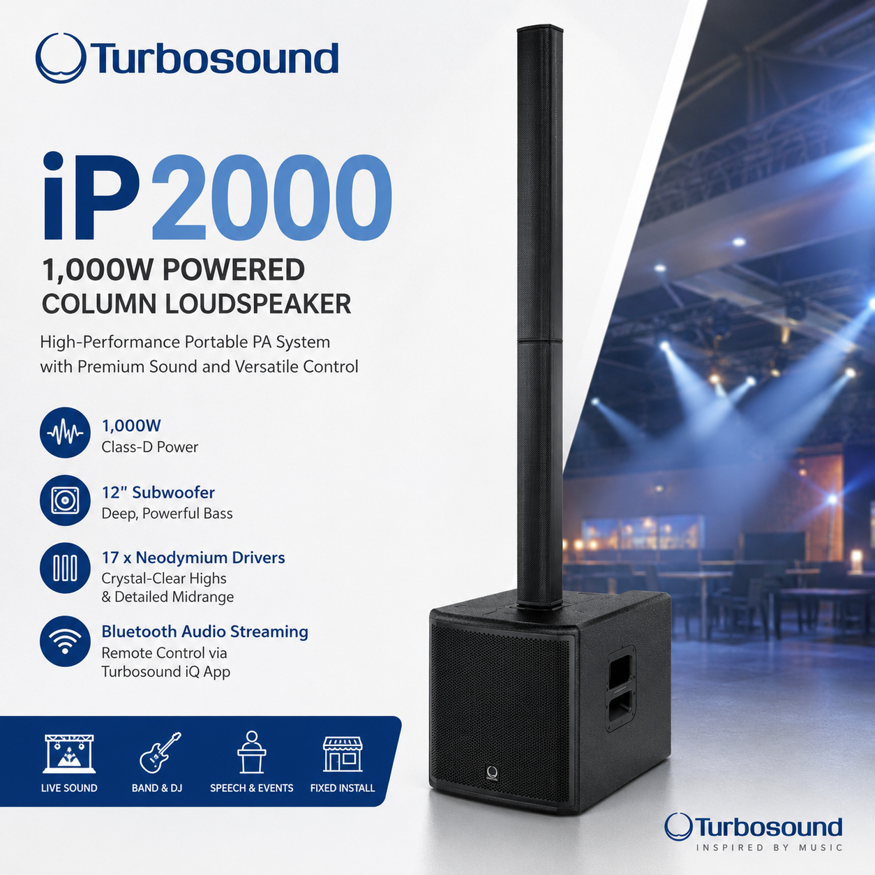 Turbosound iP2000 – 1,000W Powered Column Loudspeaker with 12" Subwoofer & 17 Neodymium Drivers