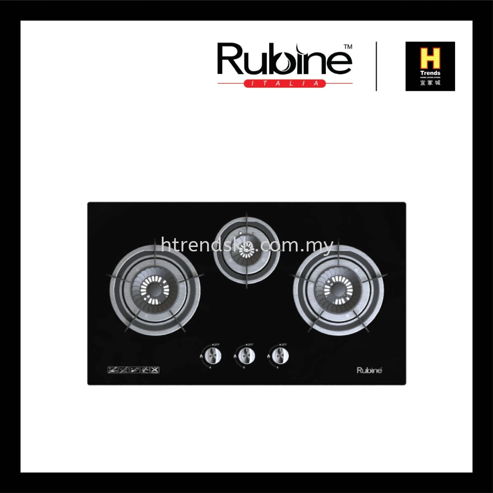 Rubine 3 Burner Build In Gas Hob (Glass) RGH-VISTA3B-BL