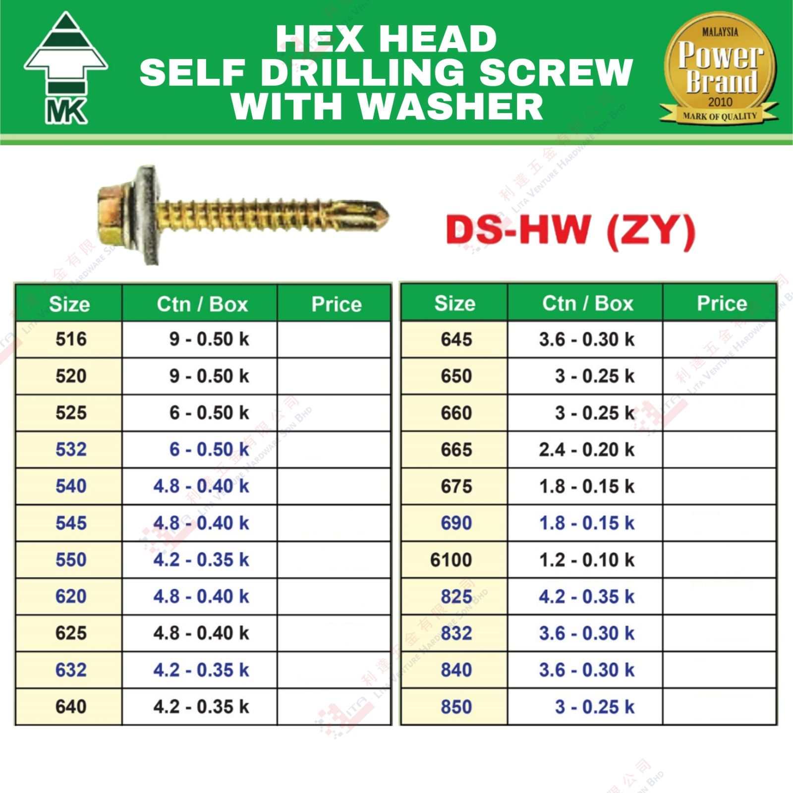 MK BRAND HEX HEAD SELF DRILLINF SCREW WITH WASHER - DSHWZY