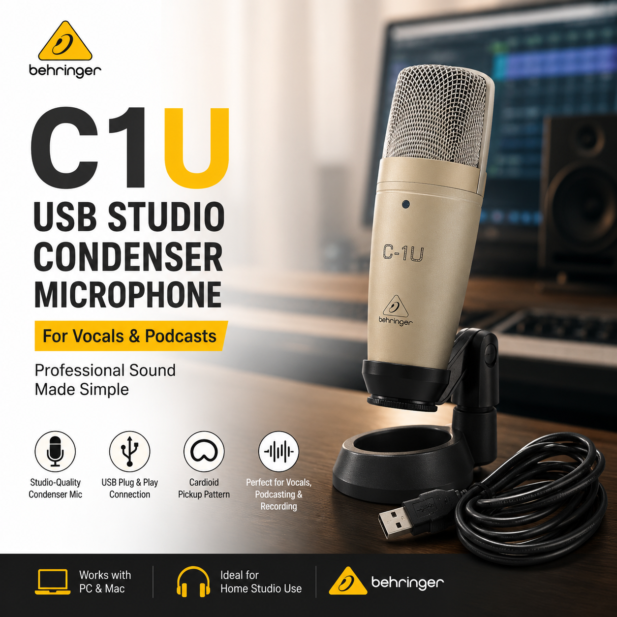 Behringer C1U – USB Studio Condenser Microphone for Vocals & Podcasts