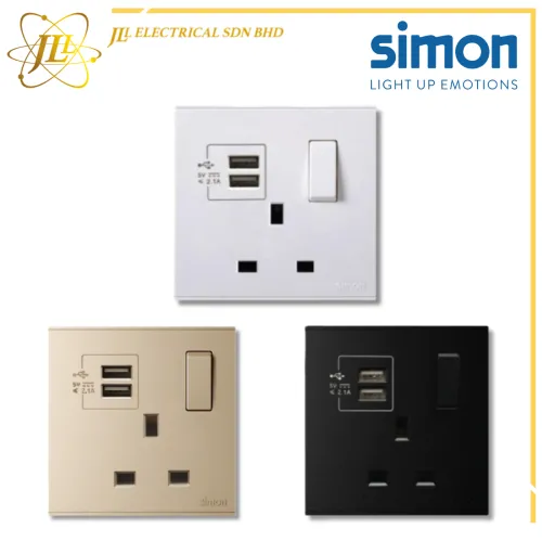 SIMON SWITCH E6 721384 13A 1 GANG FLAT PIN SWITCHES SOCKET OUTLET WITH DOUBLE USB CHARGING OUTLET (5V 2A) [WHITE/CHAMPAGNE/BLACK]