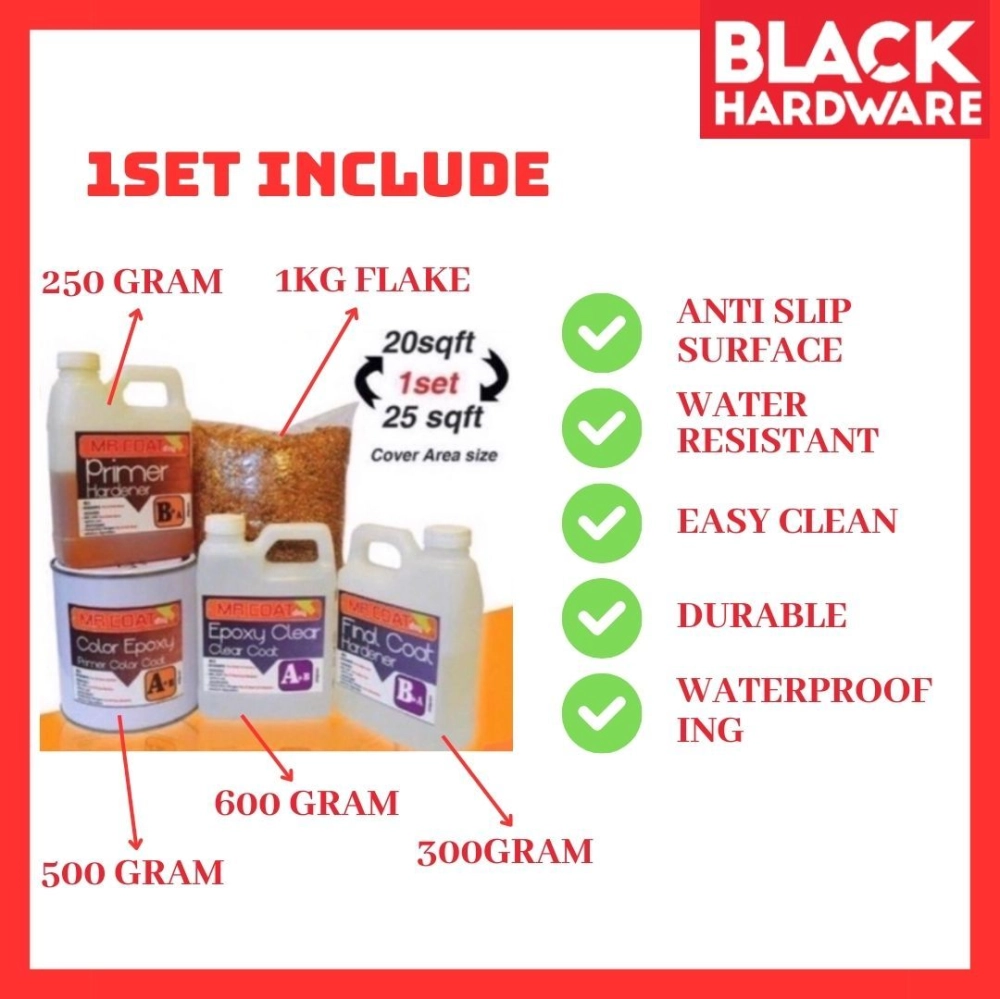 Black Hardware MR COAT DIY Floor Epoxy Paint Epoxy Primer Cat lantai Rumah Epoxy Flake Coating Flakes Epoxy Floor Coatin