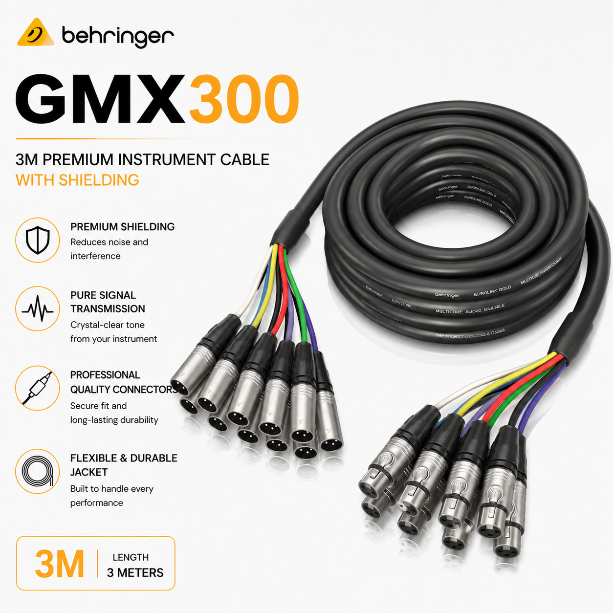 Behringer GMX300 Kabel Instrumen Premium 3M – Kabel Gitar Berperisai untuk Gitar Elektrik, Bass, Keyboard & Sistem Audio Profesional