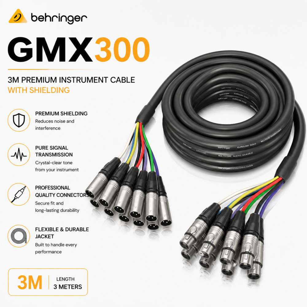 Behringer GMX300 3M Premium Instrument Cable – Shielded Guitar Cable for Electric Guitar, Bass, Keyboard & Audio Equipment