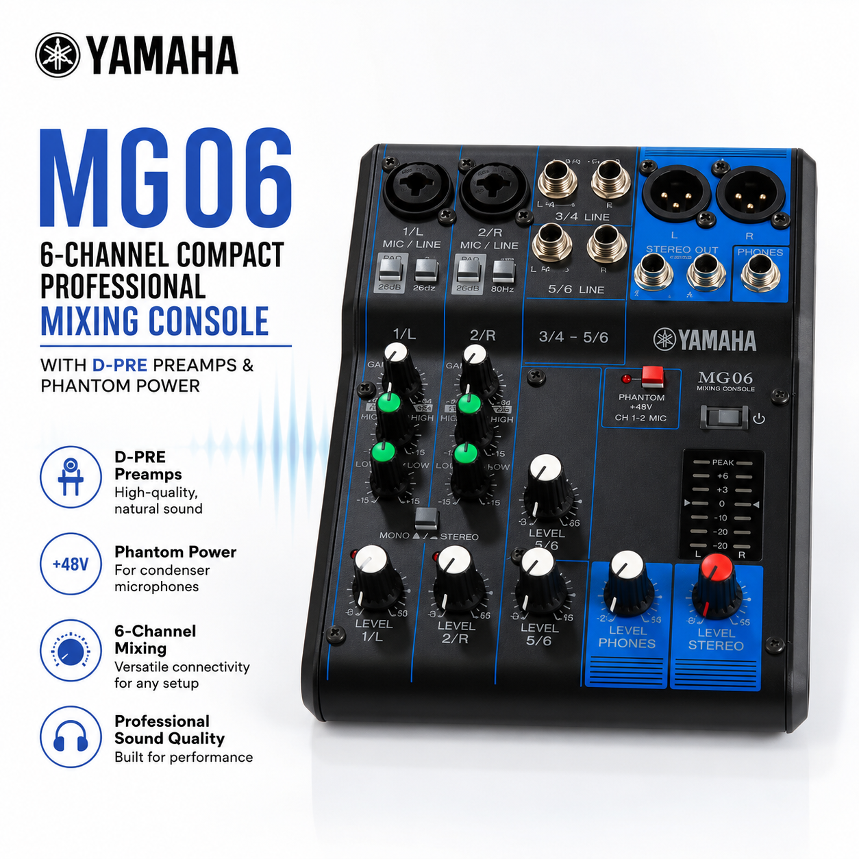 雅马哈 Yamaha MG06 – 6通道紧凑型专业调音台，配备 D-PRE 前置放大器与幻象电源
