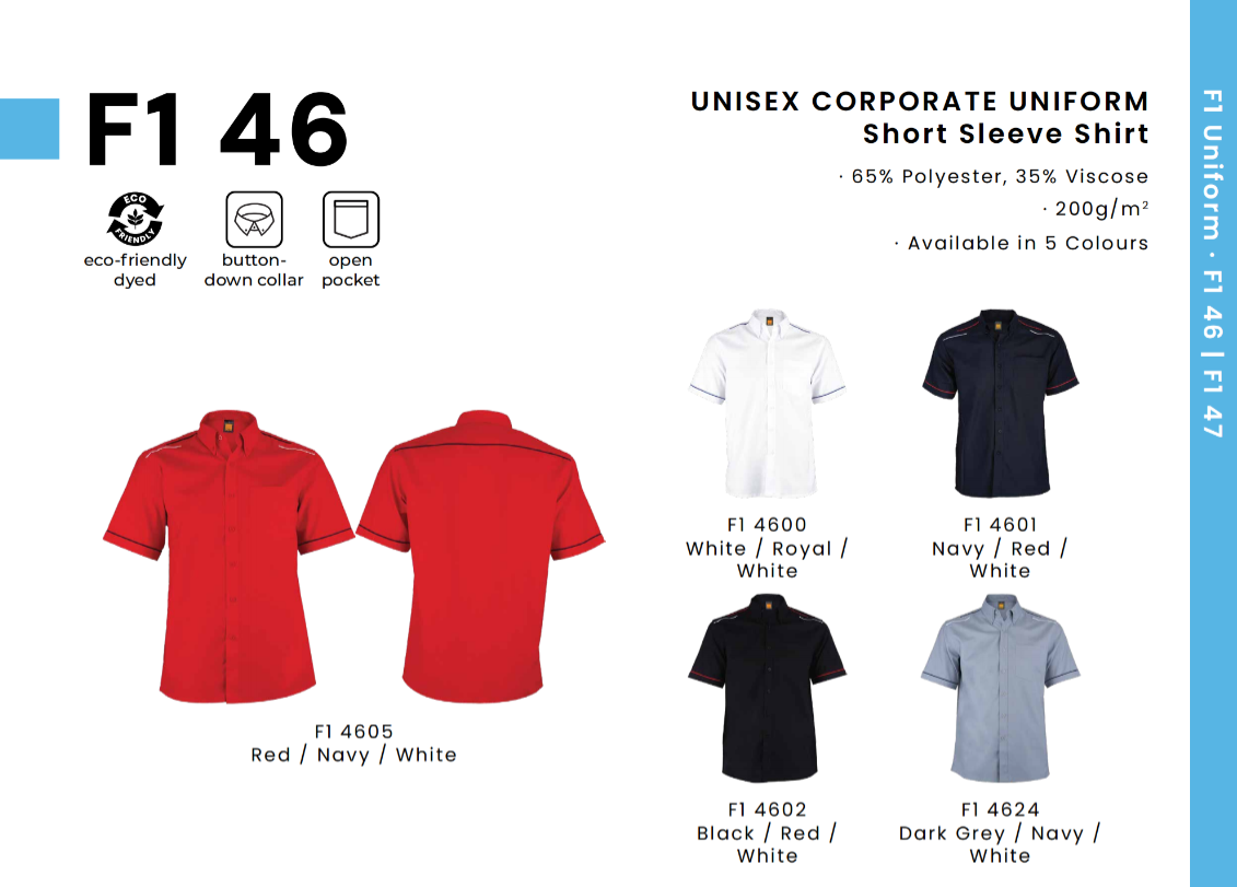 F1 46 Unisex Corporate Uniform Short Sleeve Shirt | Premium Polyester Viscose Business Uniform