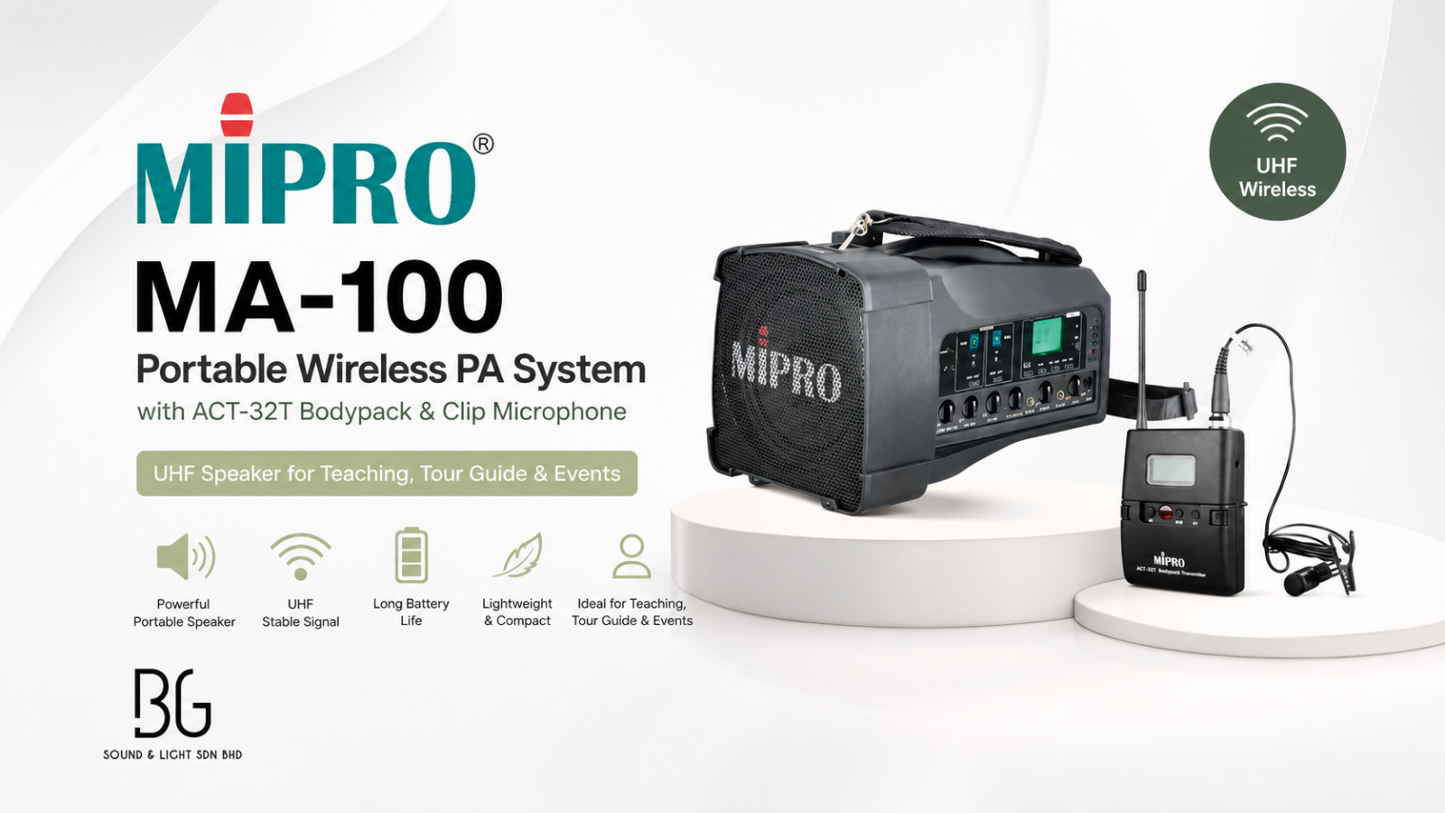 MIPRO MA-100 Portable Wireless PA System with ACT-32T Bodypack & Clip Microphone UHF Speaker for Teaching, Tour Guide & Events