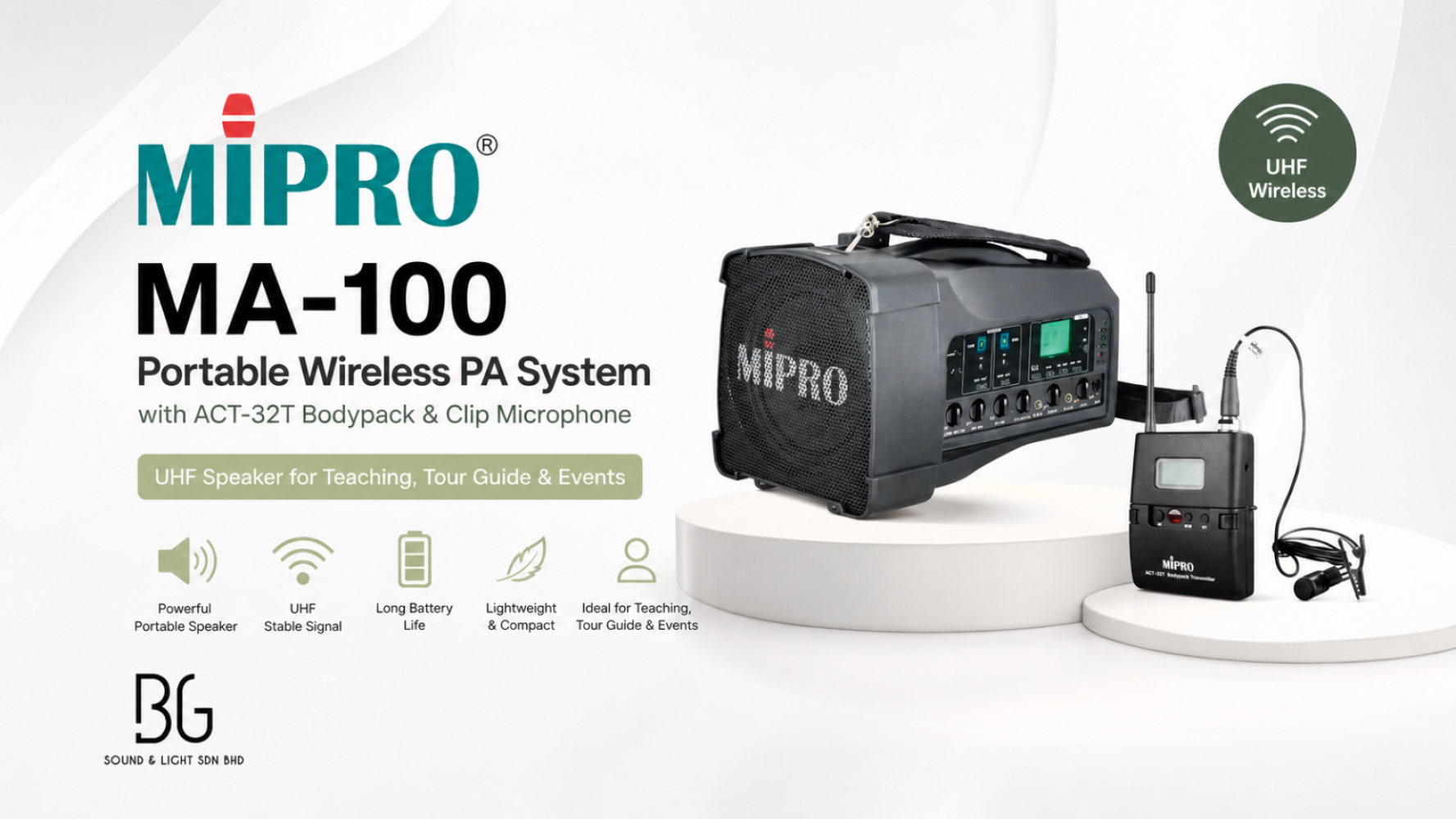 MIPRO MA-100 Portable Wireless PA System with ACT-32T Bodypack & Clip Microphone UHF Speaker for Teaching, Tour Guide & Events
