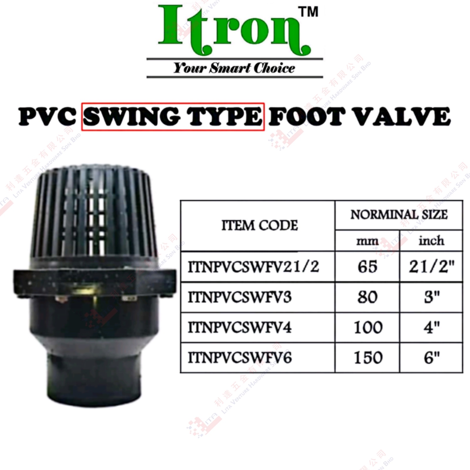 ITRON BRAND PVN SWING TYPE FOOT VALVE - ITNPVCSWFV212 ITNPVCSWFV3 ITNPVCSWFV4 ITNPVCSWFV6