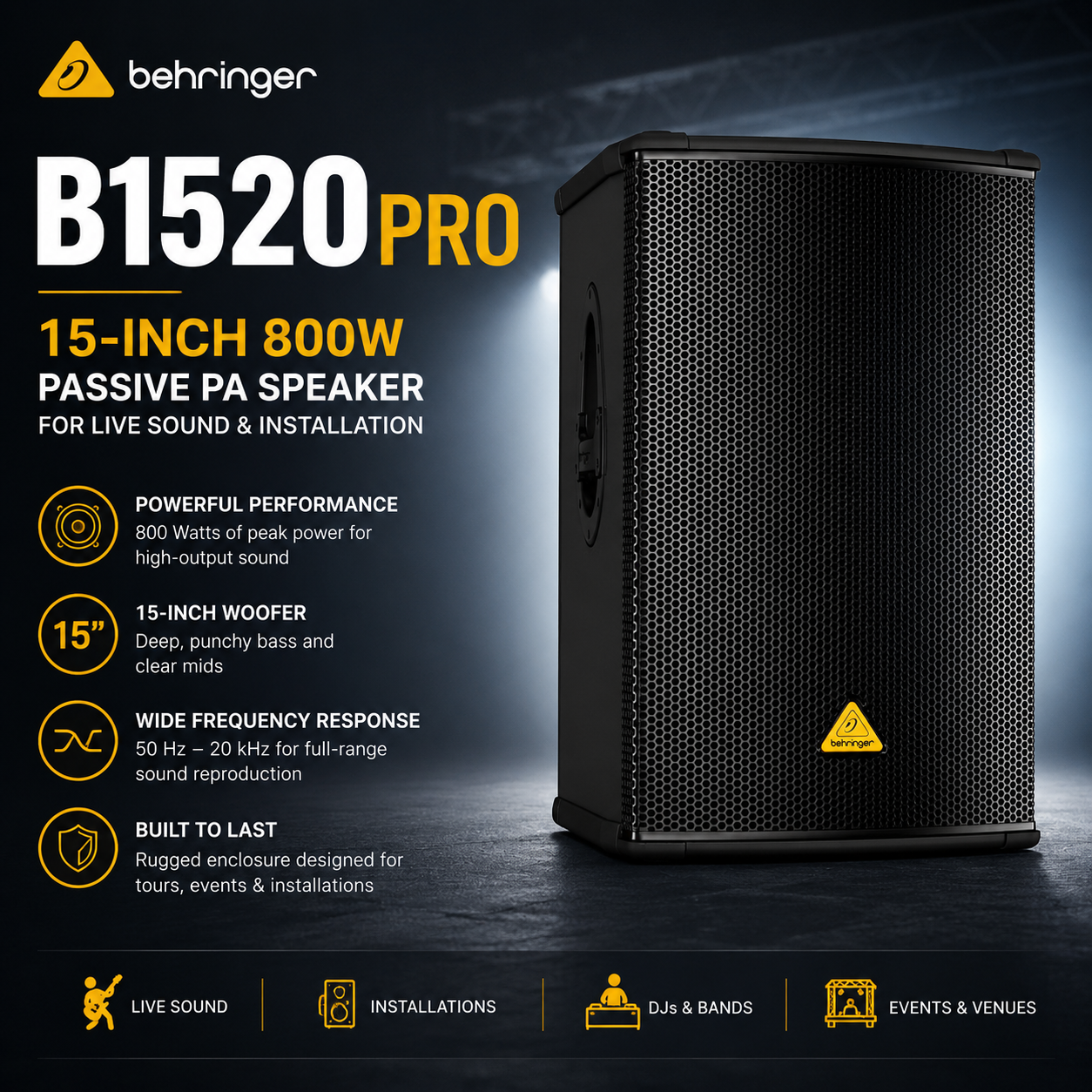 Behringer B1520PRO– Pembesar Suara PA Pasif 15-Inci 800W untuk Bunyi Langsung & Pemasangan