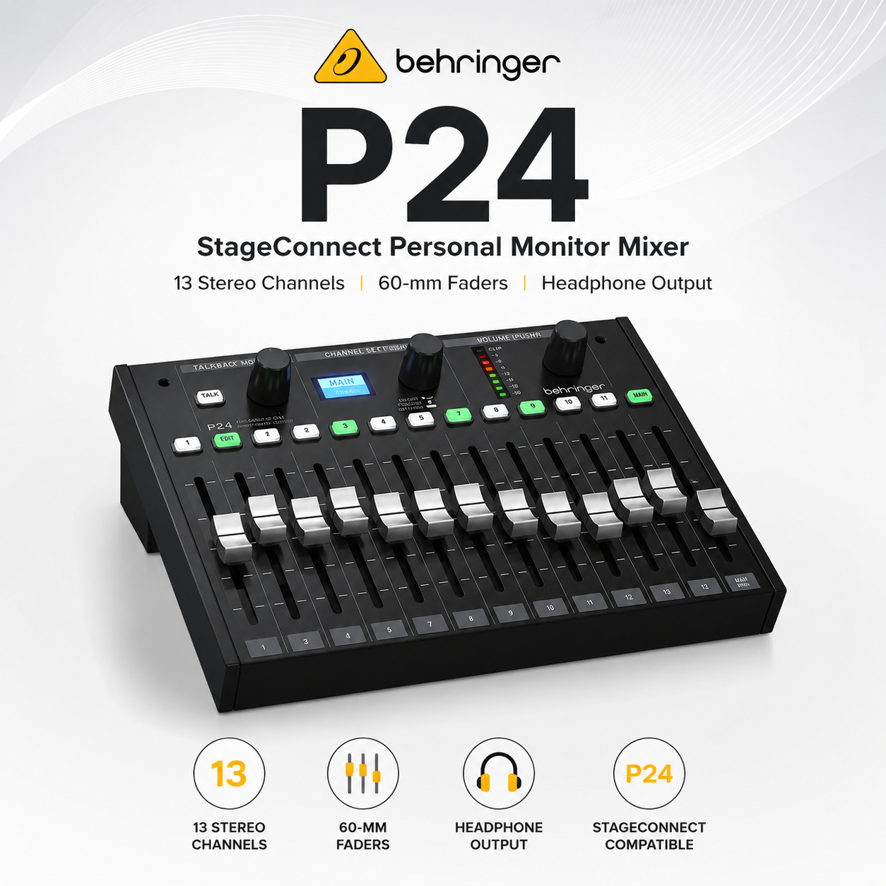 Behringer P24 – Pengadun Monitor Peribadi StageConnect dengan 13 Saluran Stereo, Fader 60mm & Output Fon Kepala
