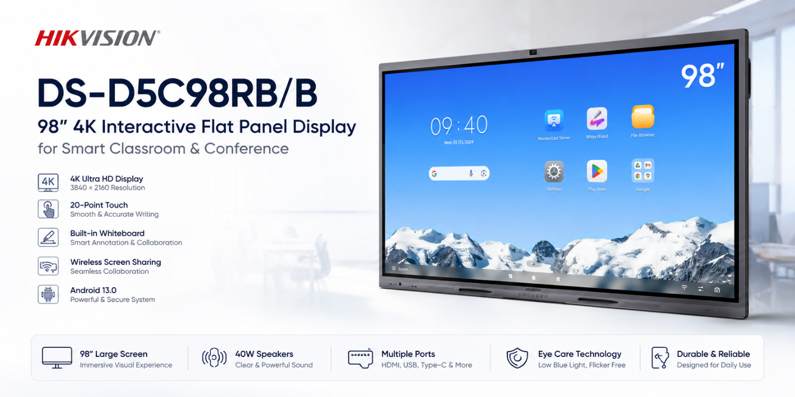 Hikvision DS-D5C98RB/B 98” 4K Interactive Flat Panel Display for Smart Classroom & Conference