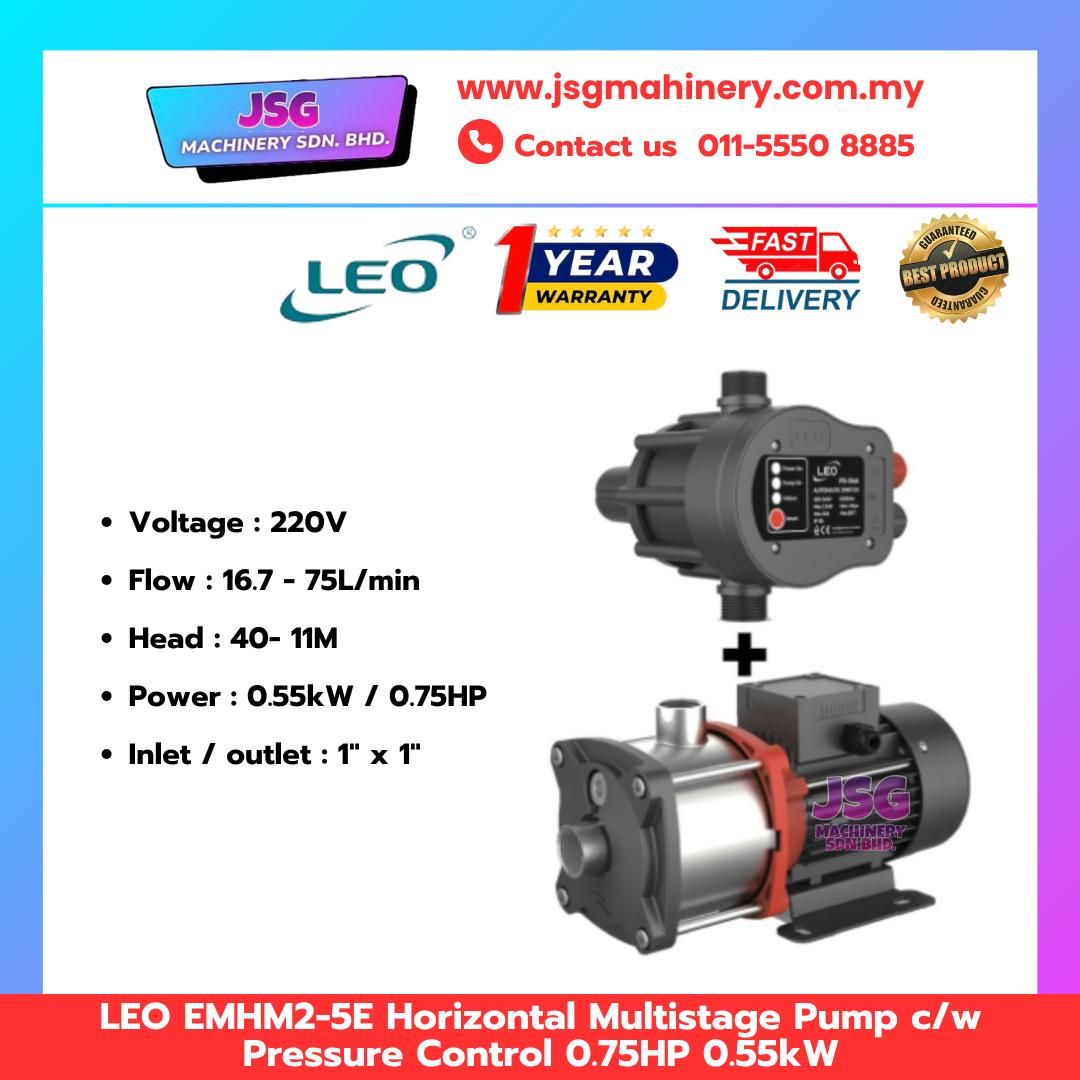 LEO EMHM2-5E Stainless Steel Horizontal Multistage Water Pump 220V 0.55KW (0.75HP) with Automatic Pressure Control System