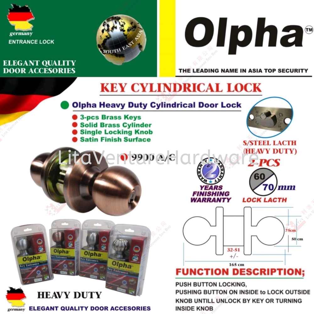 OLPHA BRAND CYLINDRICAL DOOR LOCK - 9900AC
