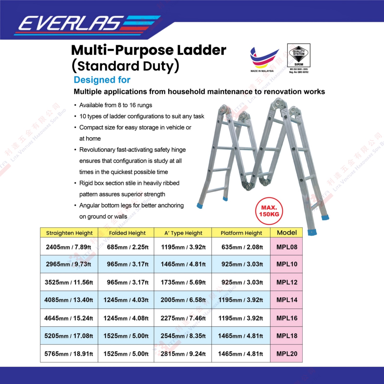 EVERLAS BRAND MULTI PURPOSE LADDER - MPL08 MPL10 MPL12 MPL14 MPL16 MPL18 MPL20