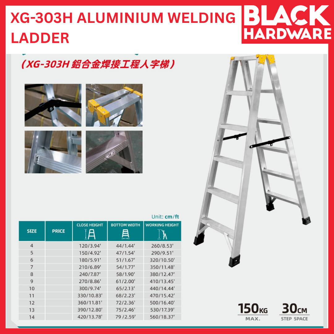 Black Hardware TONGDA XG-303H Heavy-Duty Aluminium Welding Ladder | Industrial Scaffold Step Ladder