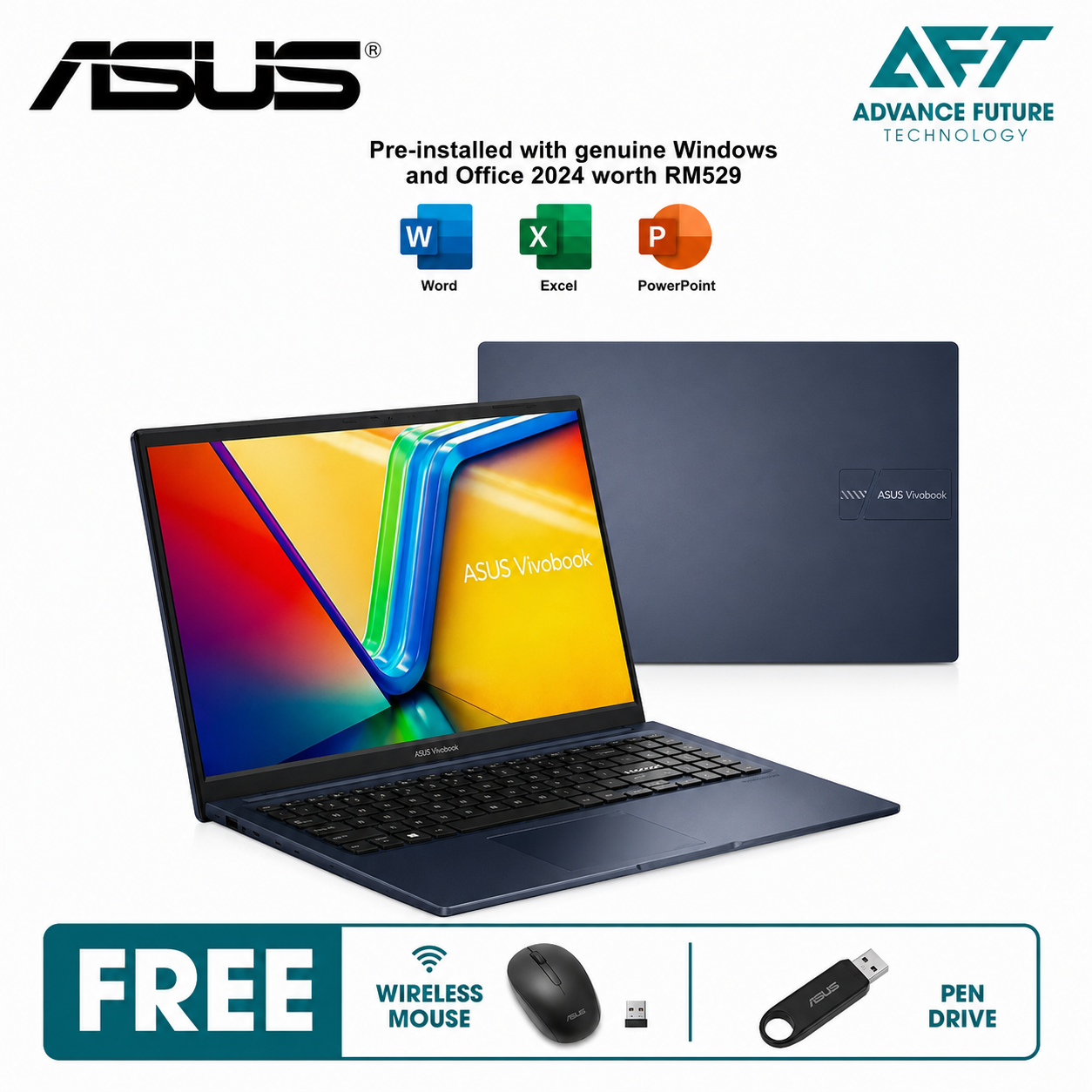 Asus VivoBook 15 A1504V-ABQ168WS 15.6" FHD Laptop Quiet Blue ( Intel Core 5 120U, 8GB, 512GB, Intel, W11, H&S 2024&M365 )